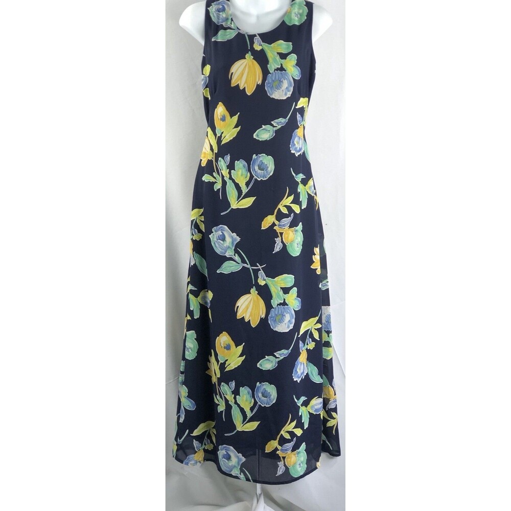 Vintage sleeveless dress 6 blue floral scoop neck tie waist 90s Spring Garden